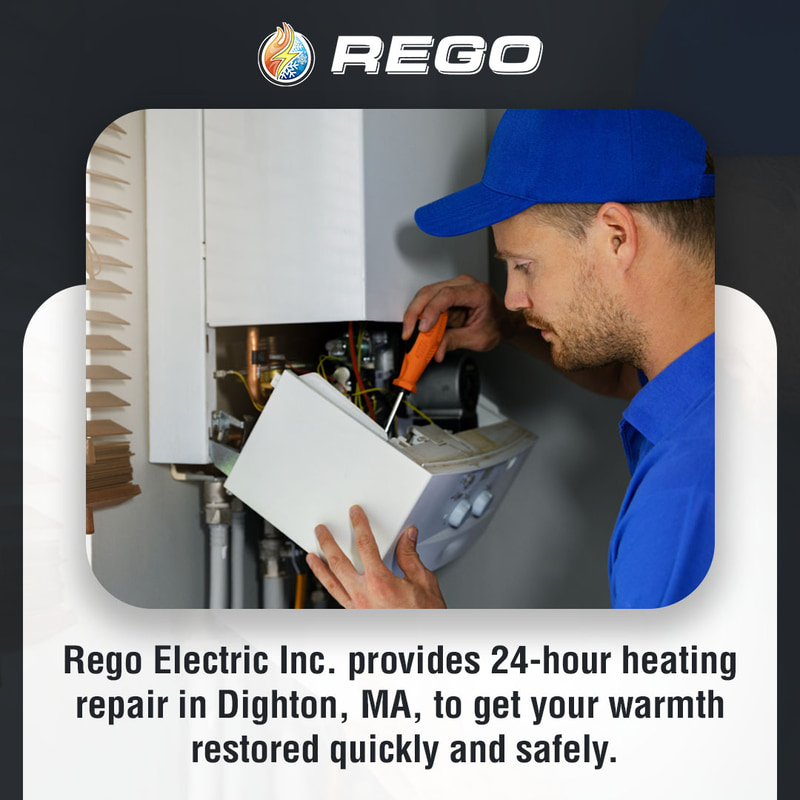 Heating repair technician inspecting and repairing a residential heating unit, representing 24-hour heating repair service by Rego Electric Inc. in Dighton, MA.